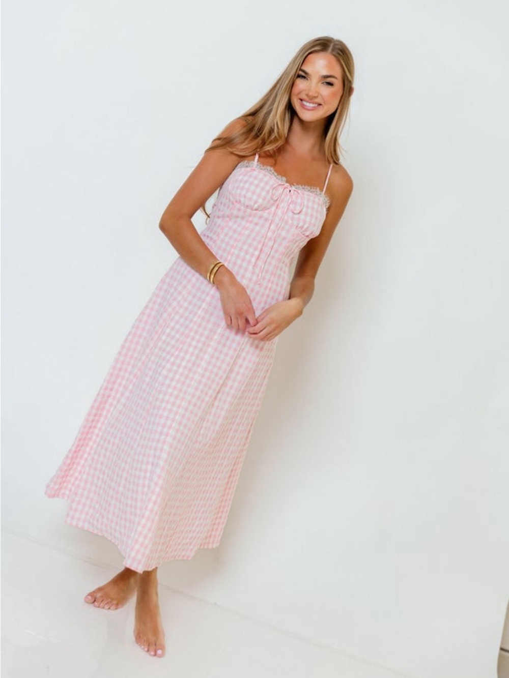 Pink Gingham Midi Dress with Lace Trim - Picture 2 of 4
